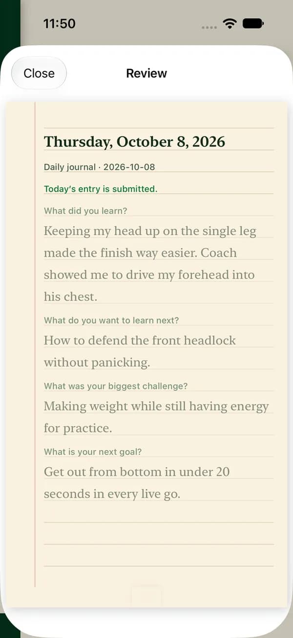 A submitted journal entry with the four daily prompts (demo account)