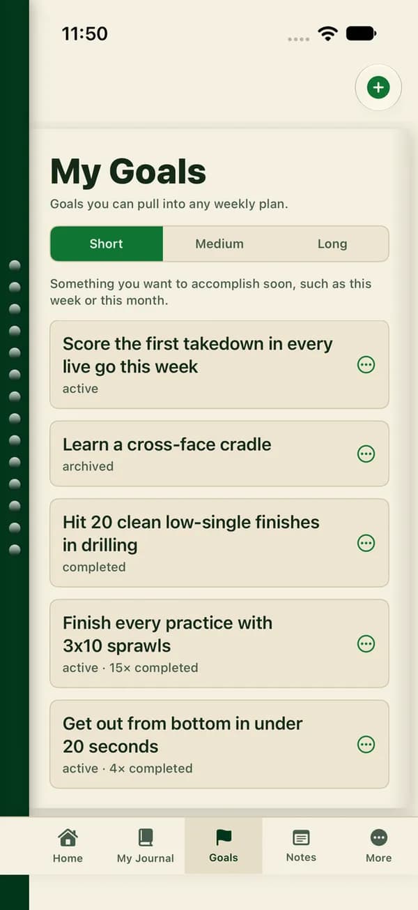 My Goals screen with short, medium and long-term goals (demo account)