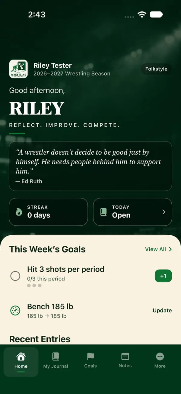 Wrestling Journal home screen with streak, today's status and this week's goals (demo account)