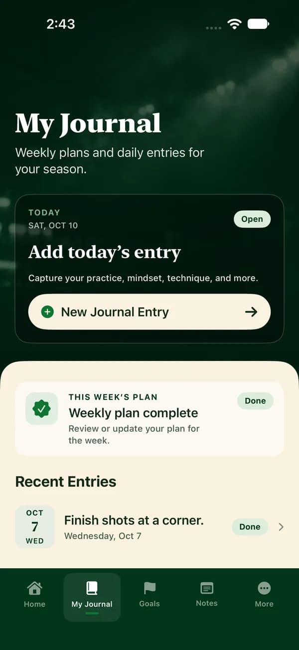 My Journal screen with today's entry and this week's plan (demo account)