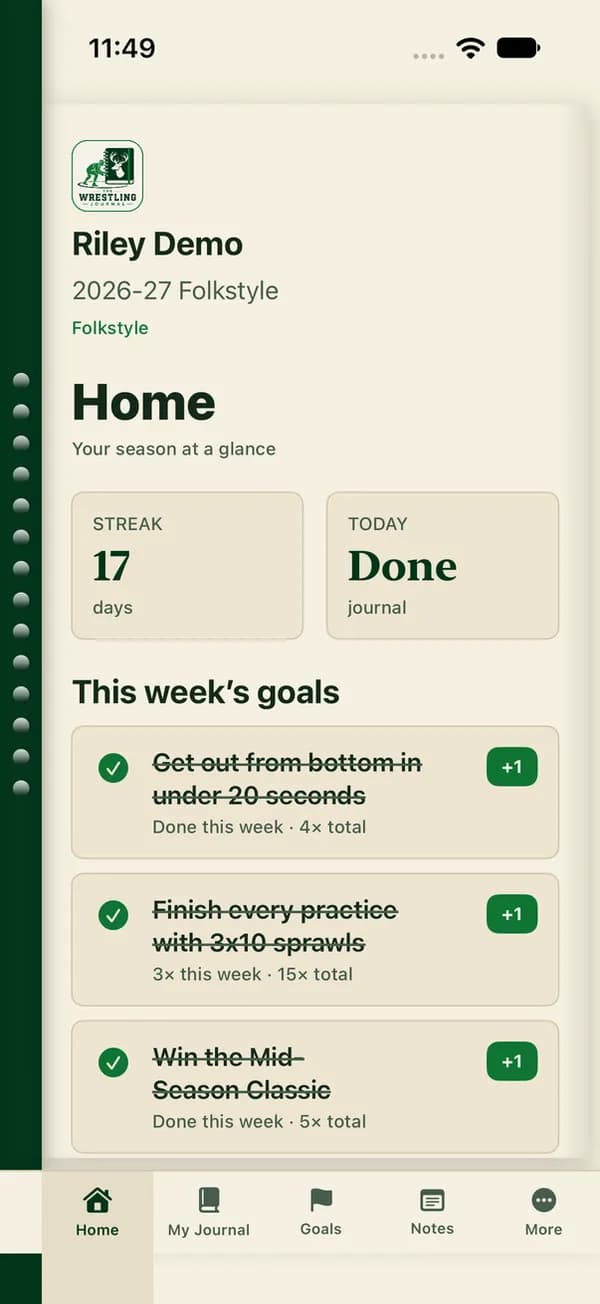 Home screen showing a 17-day streak and this week's goals (demo account)