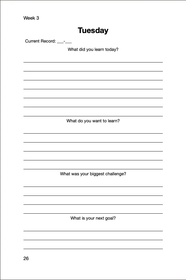 Wrestling Journal interior: Tuesday sample page