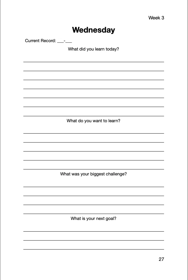 Wrestling Journal interior: Wednesday sample page