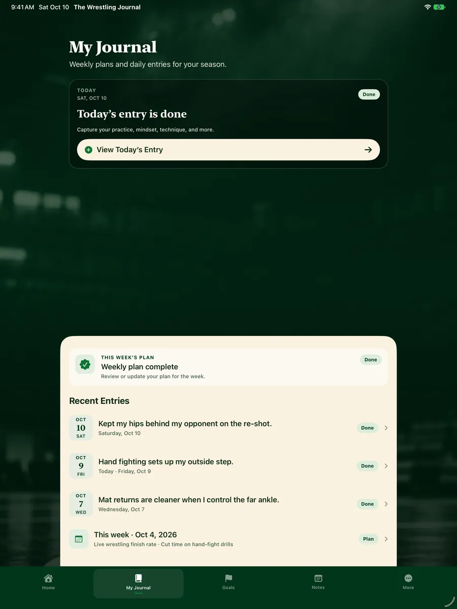 iPad My Journal screen showing today's entry done, this week's plan complete and recent entries