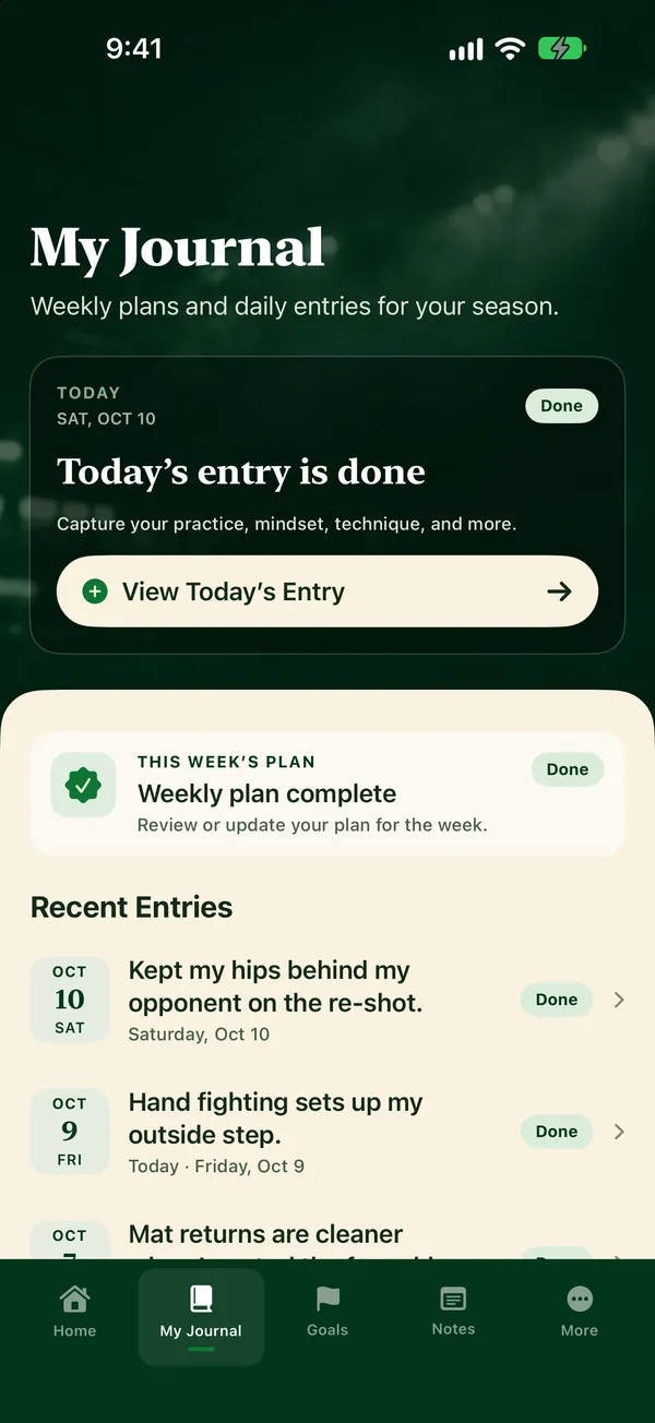 My Journal screen showing today's entry done, this week's plan complete and recent entries