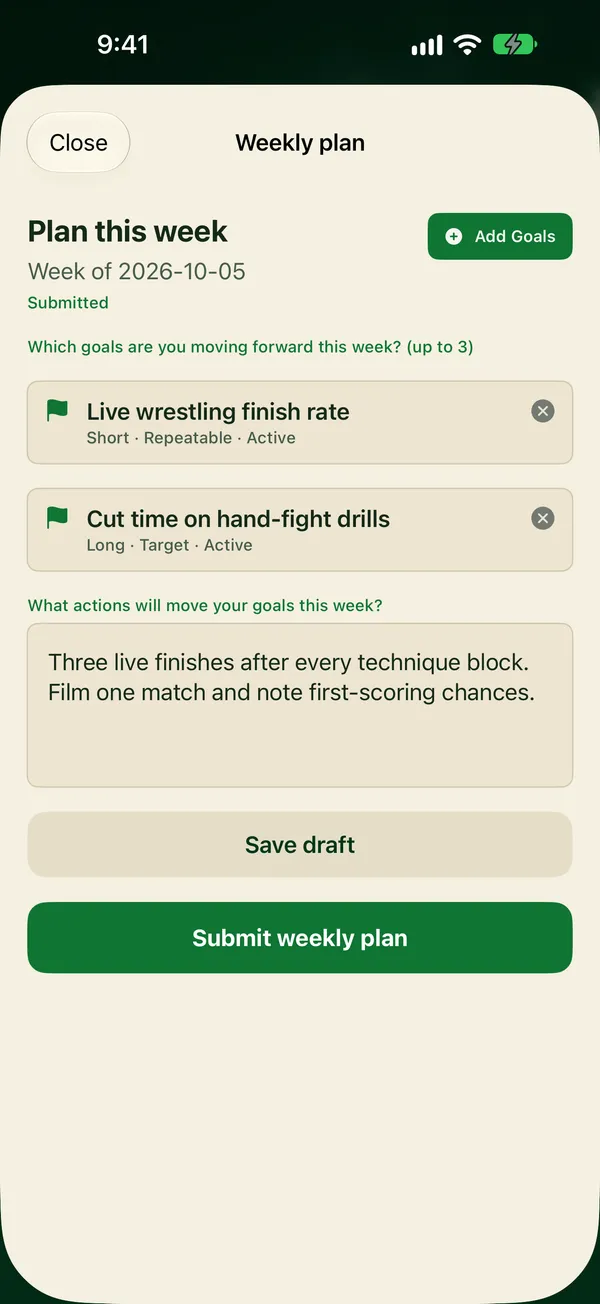 Weekly plan sheet choosing goals for the week and planned actions